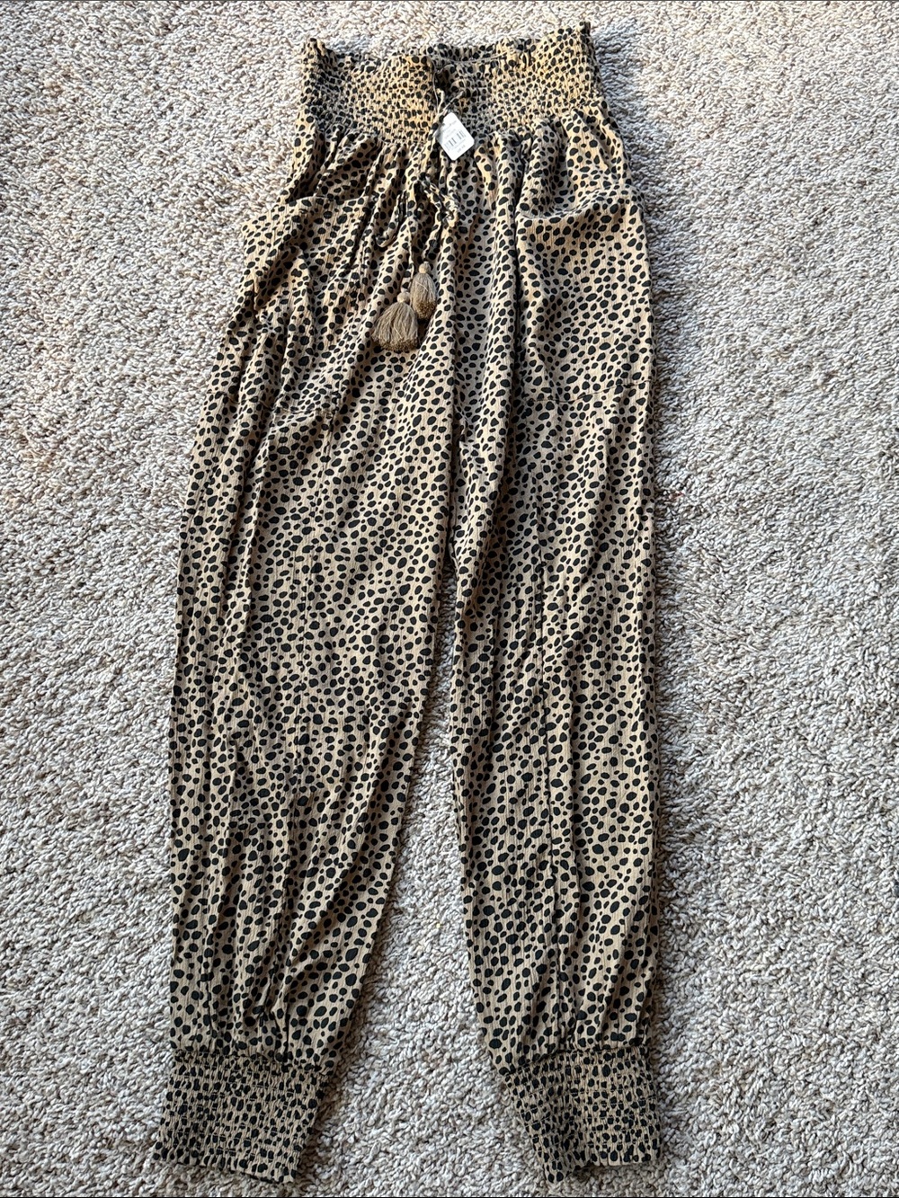 NWT Aerie Leopard Print Easy Joggers Smocked Waist Tassel Drawstring Boho Sz XS